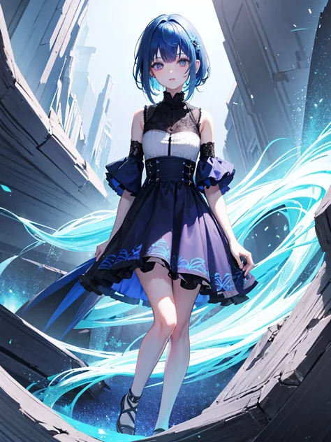 1 girl, full body, short blue hair on sides and long blue hair at the back, purple eyes, wearing a dress with color combination ...