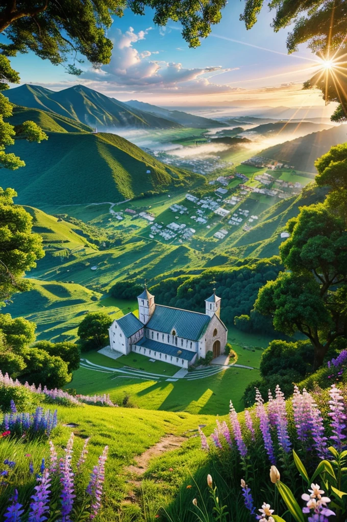 Medieval Catholic church on the mountain, View of the sea, surrounded by lush vegetation in a valley of flowers, rise sun, with rays of light, slightly misty day, Ultra -HD, 真实感, cinematic light, detailed back ground, swirly vibrant colors, conceptual artwork