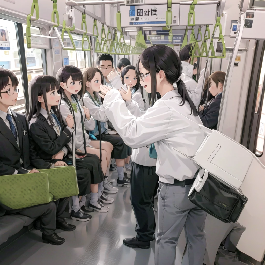 Highest quality, Very detailed, shape,
Multiple Girls, Small breasts , Black Hair, Glasses, school bag, smile, Laughter, View your audience, Crowded train、たくさんのFemale student、１male、A male stands behind a womale、A male is touching a womale's ass、
e235, Inside the train, scenery, Sheet, window, screen, Realistic, photograph background, photograph (Moderate), photographRealistic, close、maleたちに囲まれて１Female student、Show off your penis
 