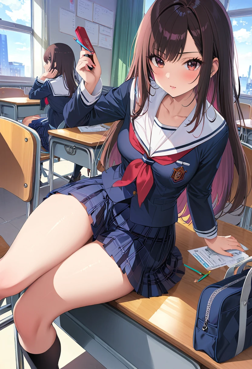 ((masterpiece, Highest quality)),Best aesthetics,One girl, , machine, Sitting, school machine, Brown Hair, classroom, Long Hair, indoor, Chair, View your viewers, :p, Focus Only, Brown eyes, skirt, Long sleeve, pencil, 1 boy, pencil case, paper, Seraph of the Black, Multiple Girls, pleated skirt, Sailor collar, bangs, Headrest, school bag, school Chair