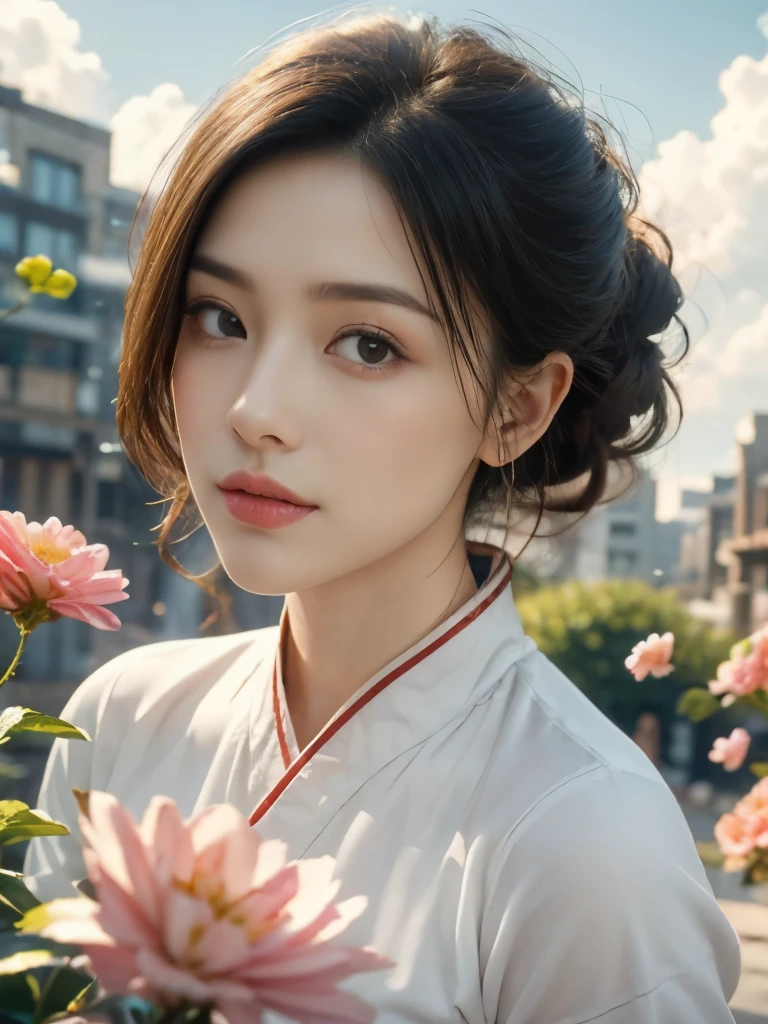 zhongfenghua, 1 Girl, only, Hanfu, antique_China_architecture, Flower Field, Floral, (White smoke:1.3) (Realistic Portraits:1.4), tangled, Mandala, twist, Official Art, Unity 8k Wallpaper, Ultra Detailed, Beautiful and beautiful, masterpiece,best quality, (Dynamic Angle:1.4), Shiny skin, (Colorful sparks floating:1) The most beautiful form of chaos, elegant, Barbarian design, Vibrant colors, Exotic romance, Depth of Field._dance, Red flowers