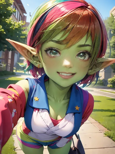 1 girl, short hair, green goblin girl, green skin, small pointy ears, (rainbow hair), fashionable urban clothes, smiling, outdoo...