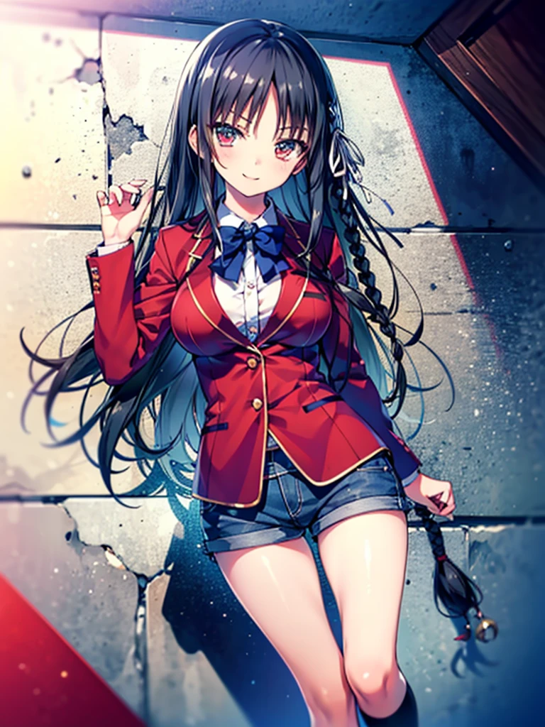 (8K, Highest quality, Highest quality, masterpiece), aasuzune, long hair, black hair, (single braid:1.2), hair ribbon, red jacket, blazer, blue bowtie, long sleeves, black thighhighs, smile, denim hot shorts, mini shorts, big breasts