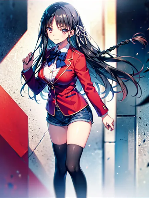 (8k, highest quality, highest quality, masterpiece), aasuzune, long hair, black hair, (single braid:1.2), hair ribbon, red jacke...