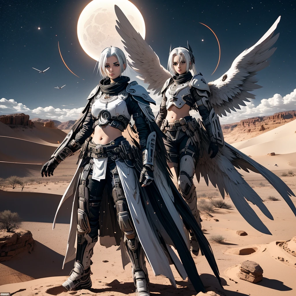 A female angel with black wings and white hair, in the middle of the desert, during an eclipse, during at night, character in the center of the image