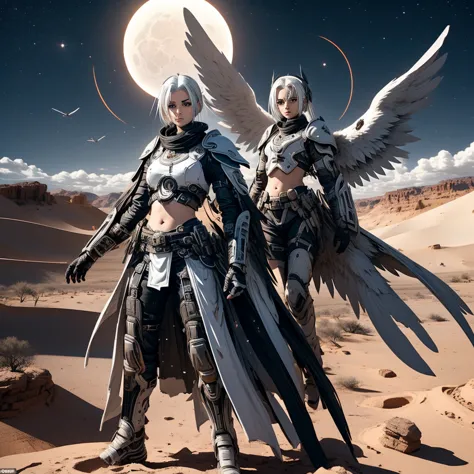 a female angel with black wings and white hair, in the middle of the desert, during an eclipse, during at night, character in th...