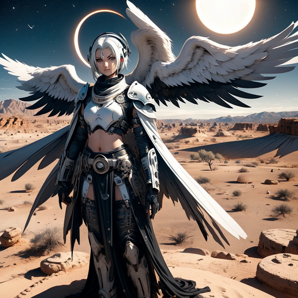 A female angel with black wings and white hair, in the middle of the desert, during an eclipse, during at night, character in the center of the image