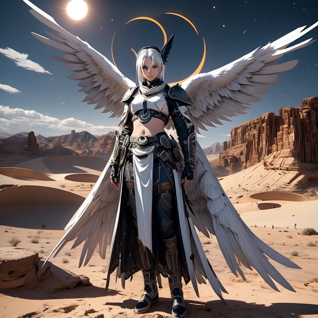 A female angel with black wings and white hair, in the middle of the desert, during an eclipse, during at night, character in the center of the image