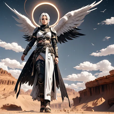 a female angel with black wings and white hair, in the middle of the desert, during an eclipse, during at night, character in th...