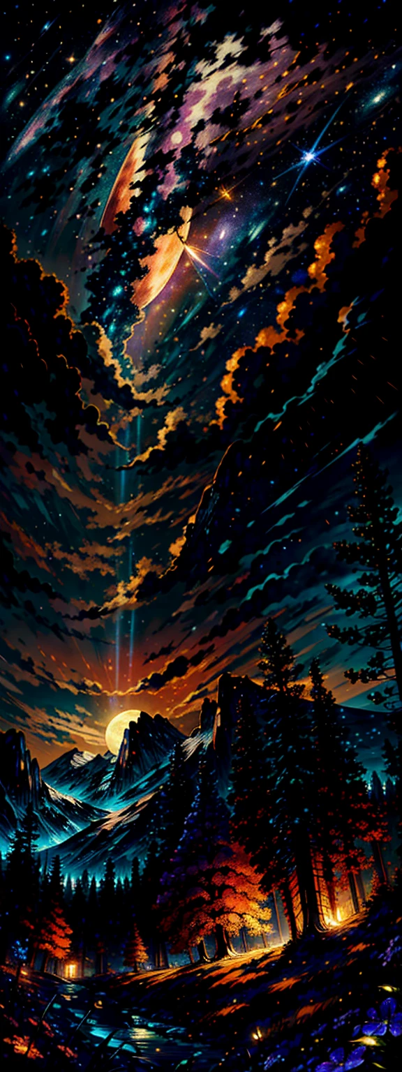 Обширная пейзажная фотография, (вид снизу с видом на небо и пустыню внизу),  стою на цветочном поле и смотрю вверх, (полнолуние: 1.2), (падающая звезда: 0.9), (туманность: 1.3), далекая гора, Дерево BREAK Production Art, (источник теплого света: 1.2), (Светляк: 1.2), лампа, Фиолетовый и оранжевый, сложная деталь, объемное освещение BREAK (шедевр: 1.2), (высшее качество ), 4k, ультрадетализированный, (динамическая конфигурация: 1.4), очень подробные и красочные детали (переливающийся: 1.2), (сверкающее освещение, атмосферное освещение), мечтательный, волшебный, (Один: 1.2)