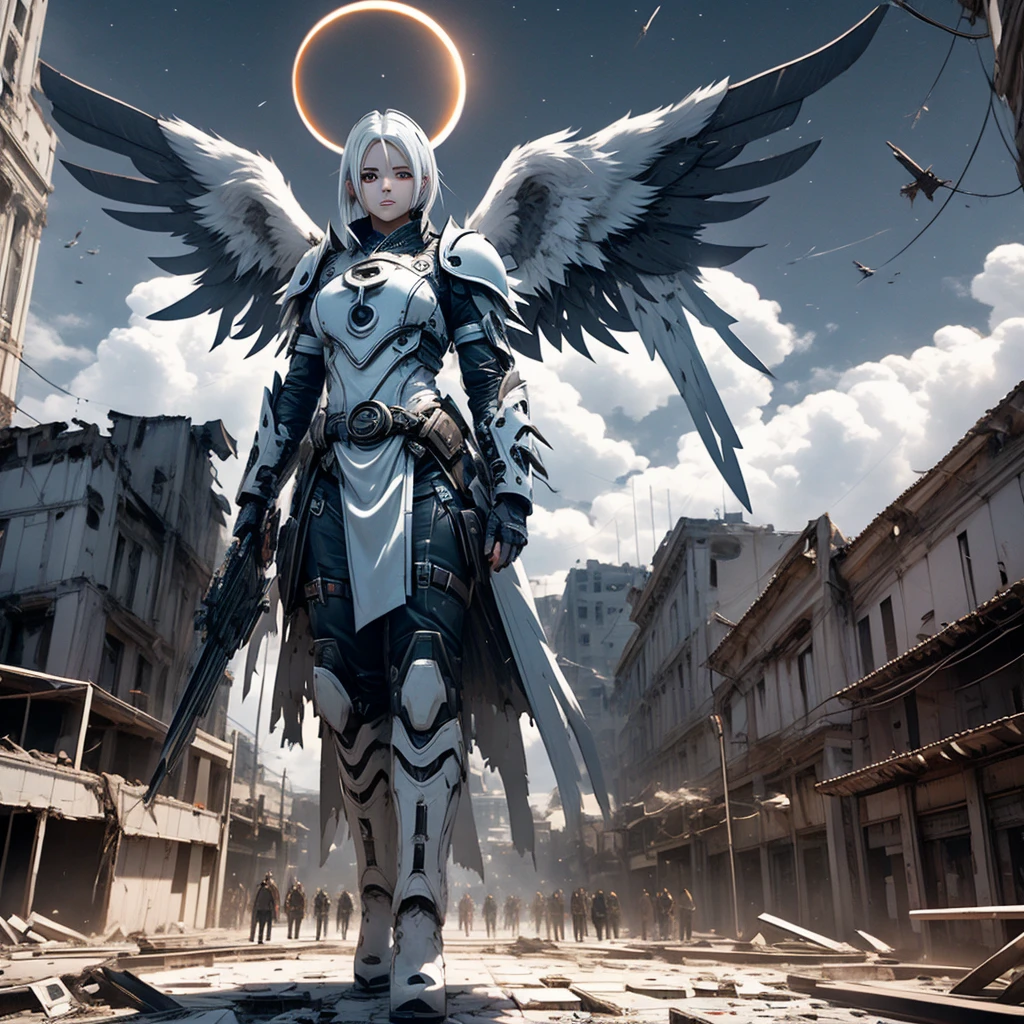 A female angel with black wings and white hair, in a destroyed city, during an eclipse, during at night, character in the center of the image