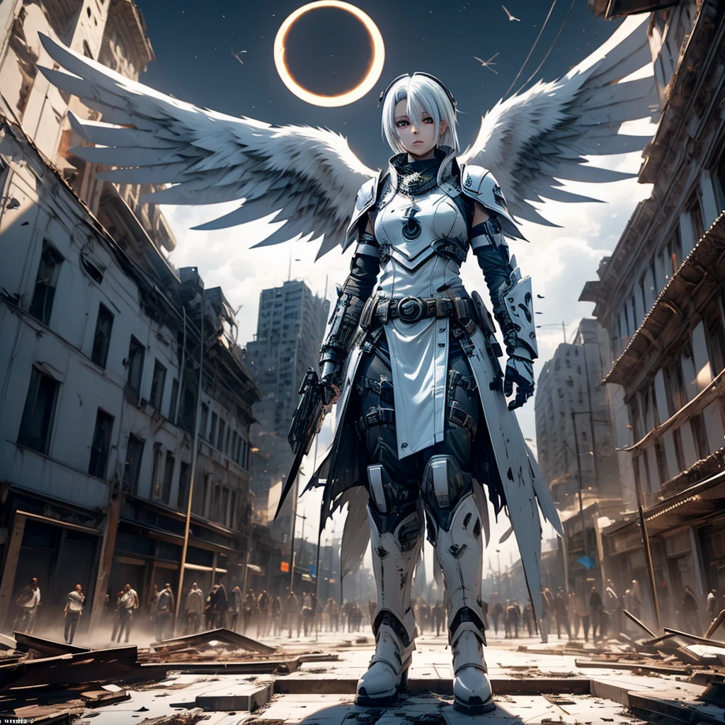 A female angel with black wings and white hair, in a destroyed city, during an eclipse, during at night, character in the center of the image