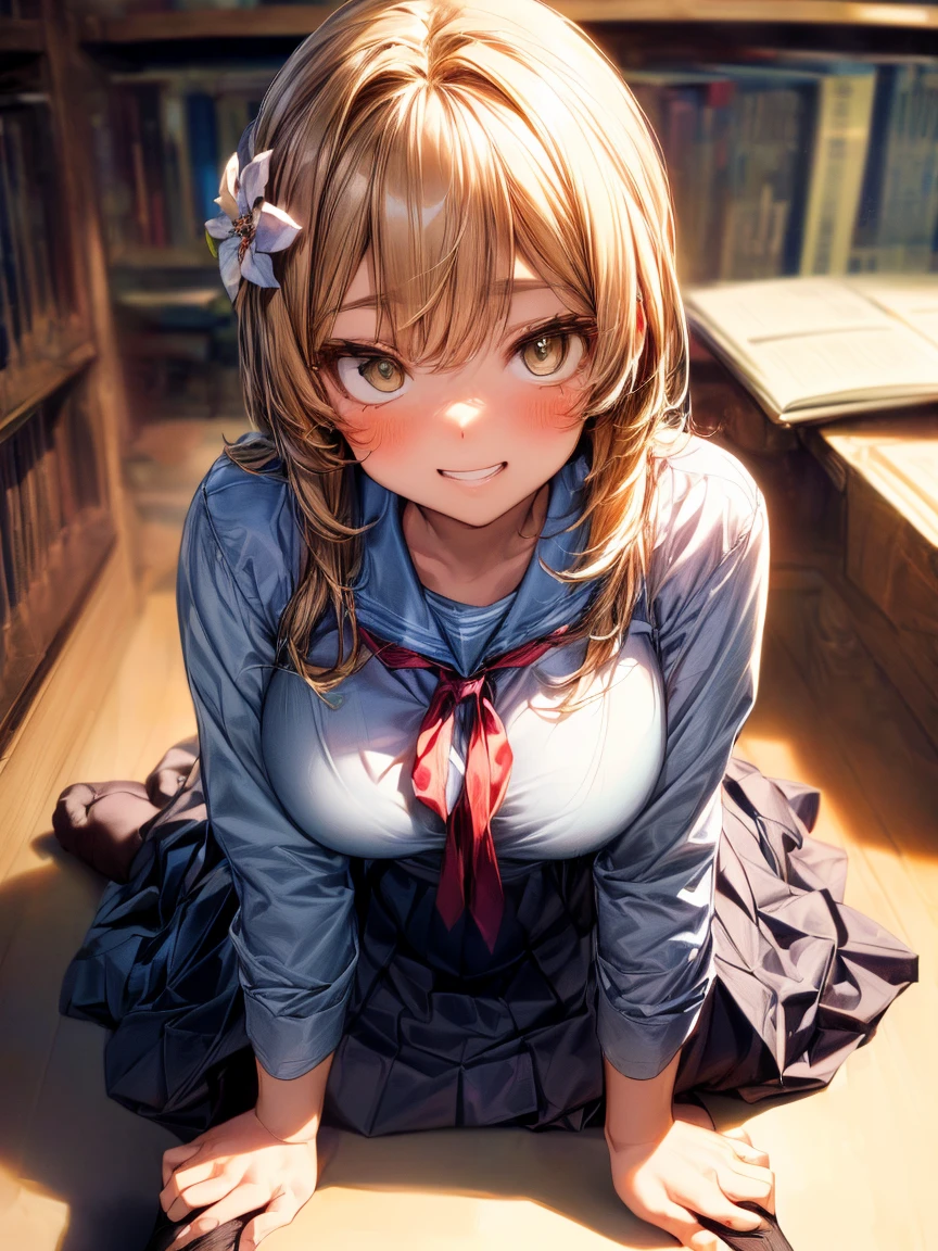 (High School Uniform:1.5)、(Spread your legs)、(Rich color expression)、(Big Breasts)、8K resolution、 masterpiece、((Highest quality))、Anatomically correct、The girl is alone、(I narrowed my eyes a little.:2)、(Flower Hair Ornaments)、(tie)、(ribbon)、(Check long skirt:1.3)、((Hasselblad Photos))、[:(Detailed face:1.2):0.2]、(On all fours)、(Grin)、(library)、(Knee socks:1.3)