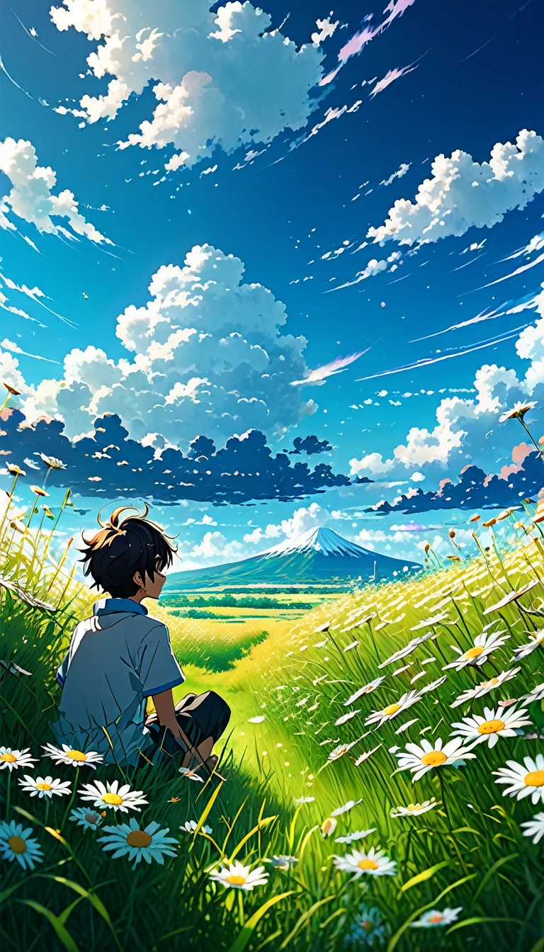 Anime-Landschaft mit einem Jungen, der auf einem Feld mit hohem Gras und Gänseblümchen sitzt und eine Leere mit weißen Wolken beobachtet, bunte Anime-Szene, eine wunderschöne Anime-Friedensszene, Makoto Shinkai Cyril Rolando, eine wunderschöne Anime-Szene, ein Hintergrund mit einem erstaunlichen Bildschirm, ein Anime-Art-Wallpaper 8k, Anime-Hintergrund, Anime-Kunst-Hintergrund, Anime-Hintergrundbild 4k, Anime Art 4K Hintergrundbild, Anime Art 4K Hintergrundbild,