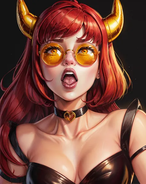 by Bruno Ferreira, a woman with red hair and yellow glasses with horns on her head, wearing a black choker, open mouth 