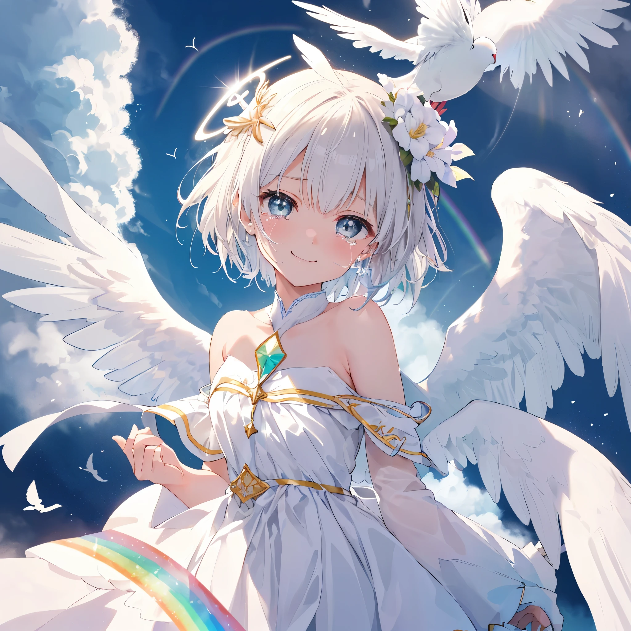 (((Extreme close-up　tears　smile　Low - Angle　Dove of peace　Angel Halo)))　((輝くtears　Rainbow Eyes　Short Hair　Receiving the light　Rainbow light　Place your hand on your chest　Stretch your hand out towards me))　(Shining Edge　　Pillar of Light)