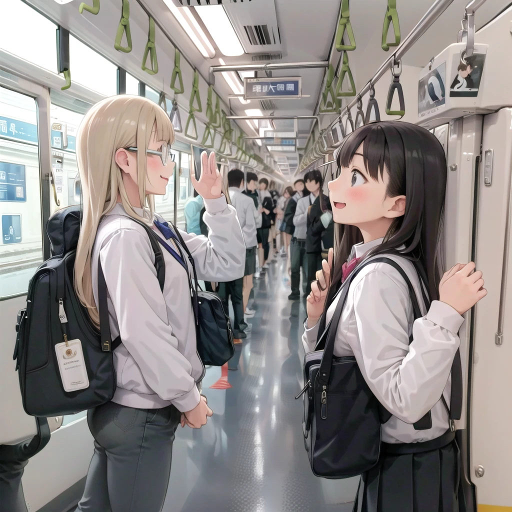 Highest quality, Very detailed, shape,
Multiple Girls, Small breasts , Black Hair, Glasses, school bag, smile, Laughter, View your audience, Crowded train、たくさんのFemale student、１male、A male stands behind a womale、A male is touching a womale's ass、
e235, Inside the train, scenery, Sheet, window, screen, Realistic, photograph background, photograph (Moderate), photographRealistic, close、maleたちに囲まれて１Female student、Show off your penis
 