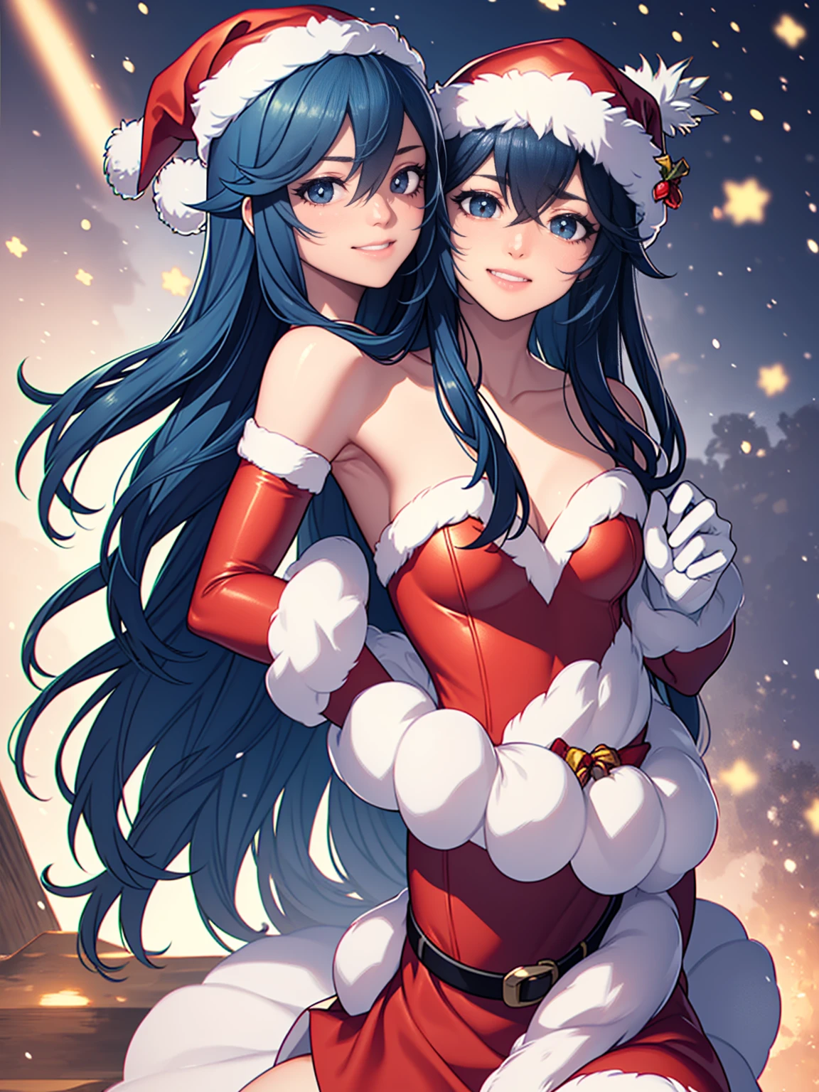 1 girl, One, masterpiece, Best quality, A high resolution, very detailed, (illustration), beautiful detailed eyes,Lucina Vera,glossy lips, draw up, smile, long white satin elbow-length gloves, cowboy shot, (Santa), red Santa dress, Santa hat, strapless dress, whole body, white gloves on elbows