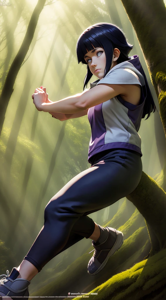 "Generate a digital image that portrays Hinata Hyuga from the anime Naruto in a moment of training in a clearing in a quiet forest. Hinata should be dressed in her traditional ninja outfit, which includes his blue jacket with short sleeves and tight black pants. She must be in a concentrated and determined pose, performing a combat technique with the Byakugan activated, showing its white eyes with distinctive pupils. The background should include tall trees with bright green leaves and a mossy ground. The sunlight filtering through the branches should create a play of soft lights and shadows in the environment.."