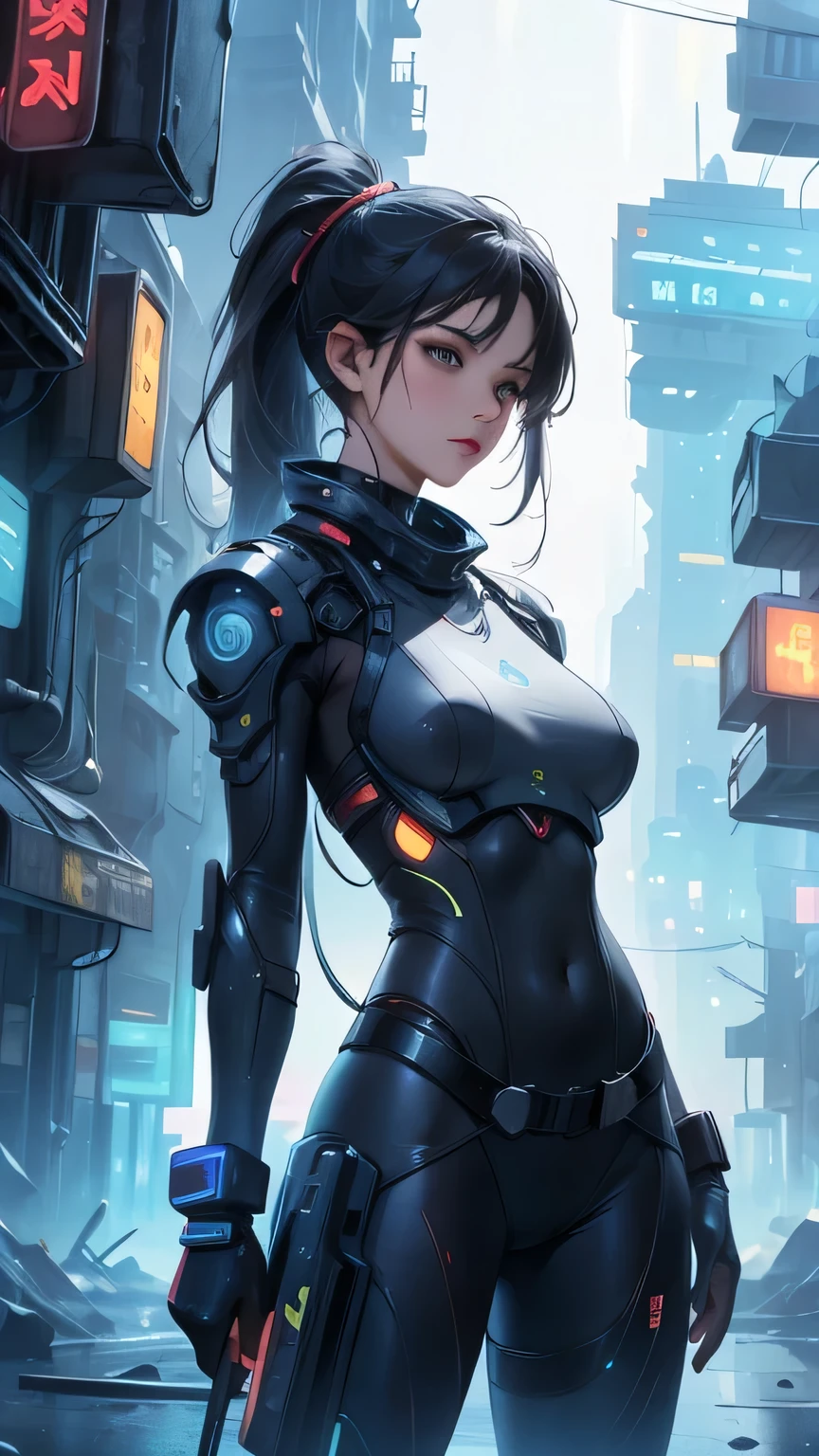 beautiful face, best quality, ultra high resnatural light, shiny skin, detailed skin, detailed face, detailed eyes, beautiful lady, split ponytail, big hair, mole under eye, A scene from a science fiction movie, background(Abandoned futuristic city), a body-hugging navy metal suit, thick belt, Bust Shot
