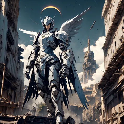 female mecha angel, in black armor, in a destroyed city with an eclipse in the background