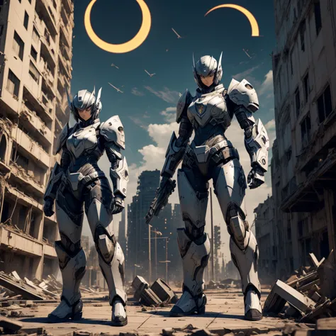 female mecha angel, in black armor, in a destroyed city with an eclipse in the background