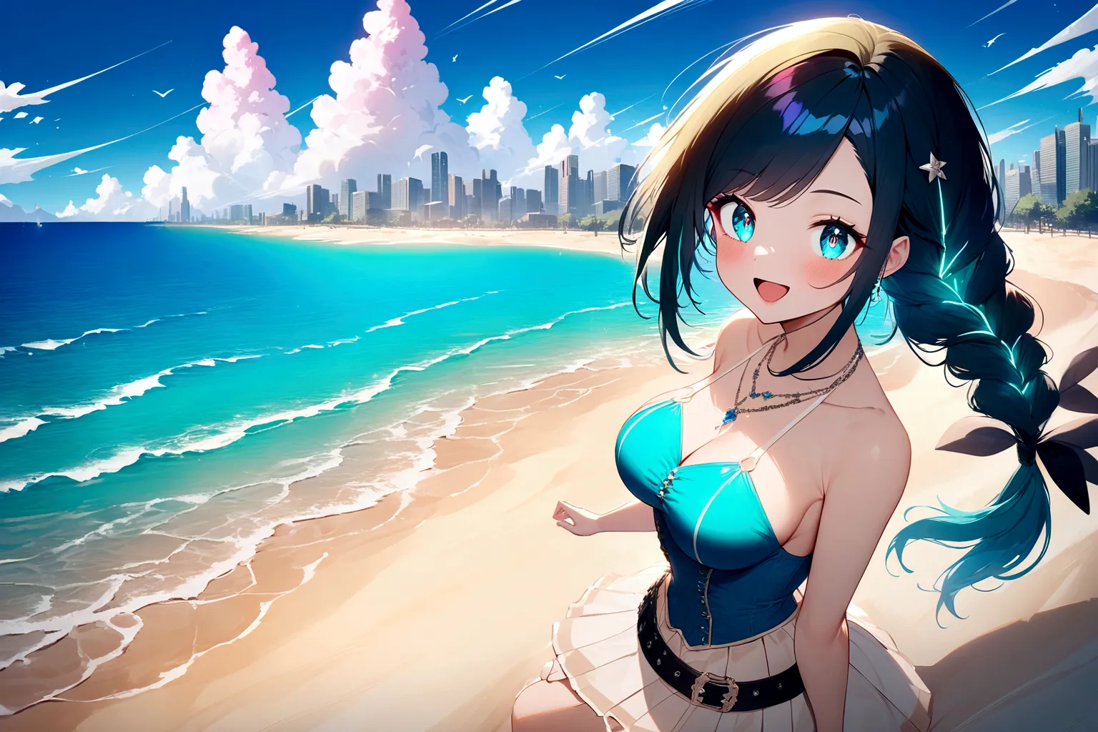 A breathtaking masterpiece unfolds as a stunning anime girl stands confidently, gazing directly at the viewer with an excited expression. Her long, aquamarine hair flows down her back like a river of green neon, adorned with a single braid and striking asy...