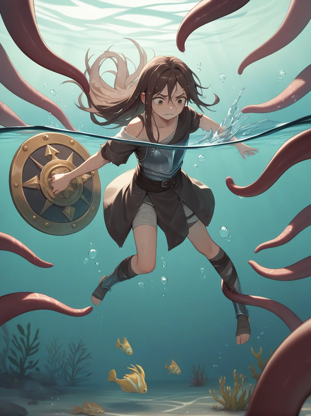 Partially underwater,最high quality,high quality, 4-year-old, , Long Hair, Brown Hair, Wet Hair, Flat Chest,Dark underground labyrinth,No light,Leather armor,Equipped with a dagger and a shield,Face above water,Body in water, Underwater Photography,The robe rolls up due to buoyancy,Painful face、My leg is pulled by tentacles、Being dragged into the water、Go wild