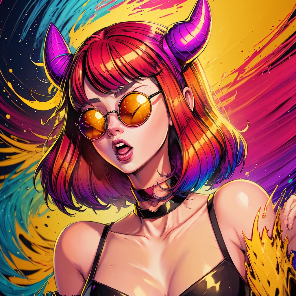 by Bruno Ferreira, a woman with red hair and yellow glasses with horns on her head, wearing a black choker, open mouth 、Pop Japonism 3d Ultra Detailed, cinema 4d colorful render, 3D illustration, 3D illustration, colorful illustration, Digital Art. colorful comic, Vivid cartoon colors, colorful explosion, colorful digital painting, colorfull illustration, colorful! Character Design, Splashes of color