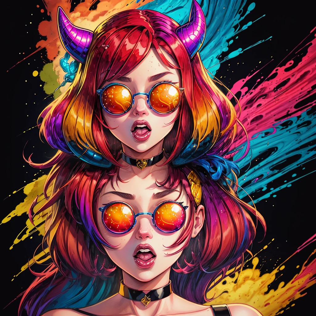 by Bruno Ferreira, a woman with red hair and yellow glasses with horns on her head, wearing a black choker, open mouth 、Pop Japonism 3d Ultra Detailed, cinema 4d colorful render, 3D illustration, 3D illustration, colorful illustration, Digital Art. colorful comic, Vivid cartoon colors, colorful explosion, colorful digital painting, colorfull illustration, colorful! Character Design, Splashes of color