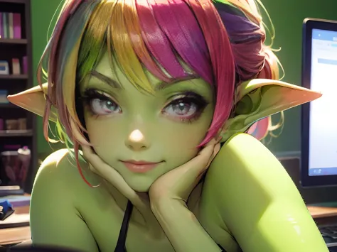 1 girl, short hair, green goblin girl, green skin, small pointy ears, (rainbow hair), wearing awesome clothes, smiling, makeup s...