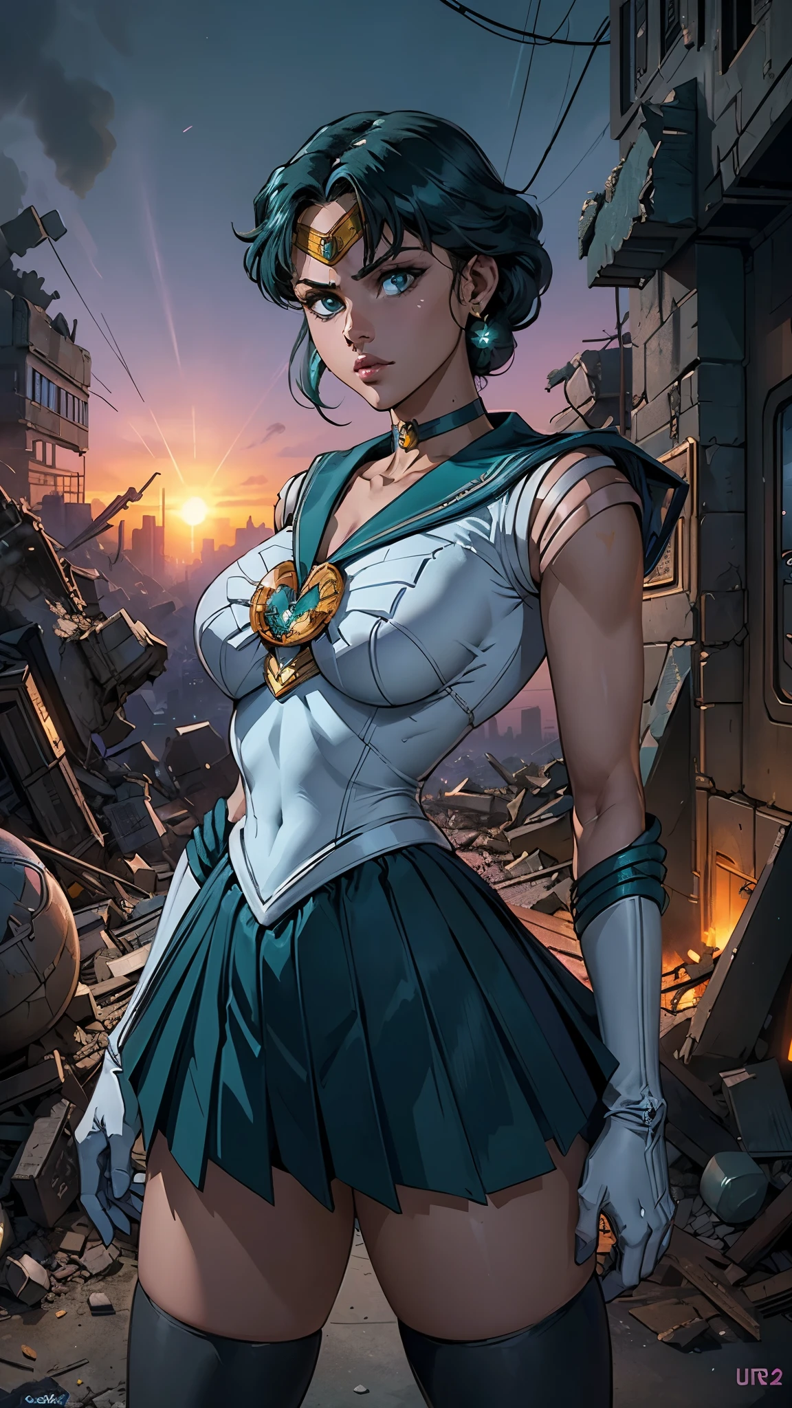 (La Best Quality,A high resolution,Ultra - detailed,actual),Selena Gomez ,(Cyberpunk ruined dungeon ruins background :1.4 ), (Uniformes de sailor moon senshi:1.4), dark green hair, medium hair, Supplicant skirt, (White elbow gloves:1.1), joya, medium chest, dynamic background, dynamic posture,More detailed 8K.unreal engine:1.4,HD,La Best Quality:1.4, photorealistic:1.4, skin texture:1.4, Masterpiece:1.8,Masterpiece, Best Quality,object object],(Apocalyptic city destroyed:1.7), choker, (White glove:1.4), choker verde, Elbow Groves, joya,(sunset background:1.4),(sailor moon Neptune:1.4),(cowboy pose :1.4) ,( cyberpunk 2.1), (kawaii style :1.4), ,(Cyberpunk ruined dungeon ruins background :1.4 ), (cinematic lighting :1.4), (perfect anatomy V2.1), (looking at viewer:1.25), (Selena Gomez :1.4), (Selena Gomez V2.1), (neon cyberpunk V2.1), (skirt lifted by itself: 1.1), (skirt lift: 1.3), (showing white panties: 1.3), (ultra detallado V2.1), (ultra detallado :1.4), (UHD 32k), (Sailor Moon - Sailor Neptune V2.1) 