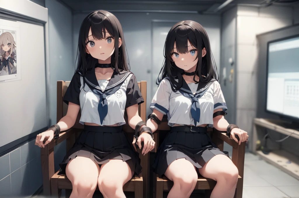 3 girls, ((squeezed together, inside tiny cube, strapped to chairs)), (sitting:1.5), (bondage chair:1.5), (inside torture room:1.5), ((basement, metal room)), (((3 girls, group of girls))), (inside tiny cube, tightly packed), arms to sides , wrist cuffs, ankle cuffs, (((shocked expression, struggling))), ((short sleeve,  sailor uniform, mini skirt, tight clohing)), arms to sides, long hair, dark hair, saphire eyes, perfect body, perfect face, detailed face, (((detailed eyes))), image taken from afar