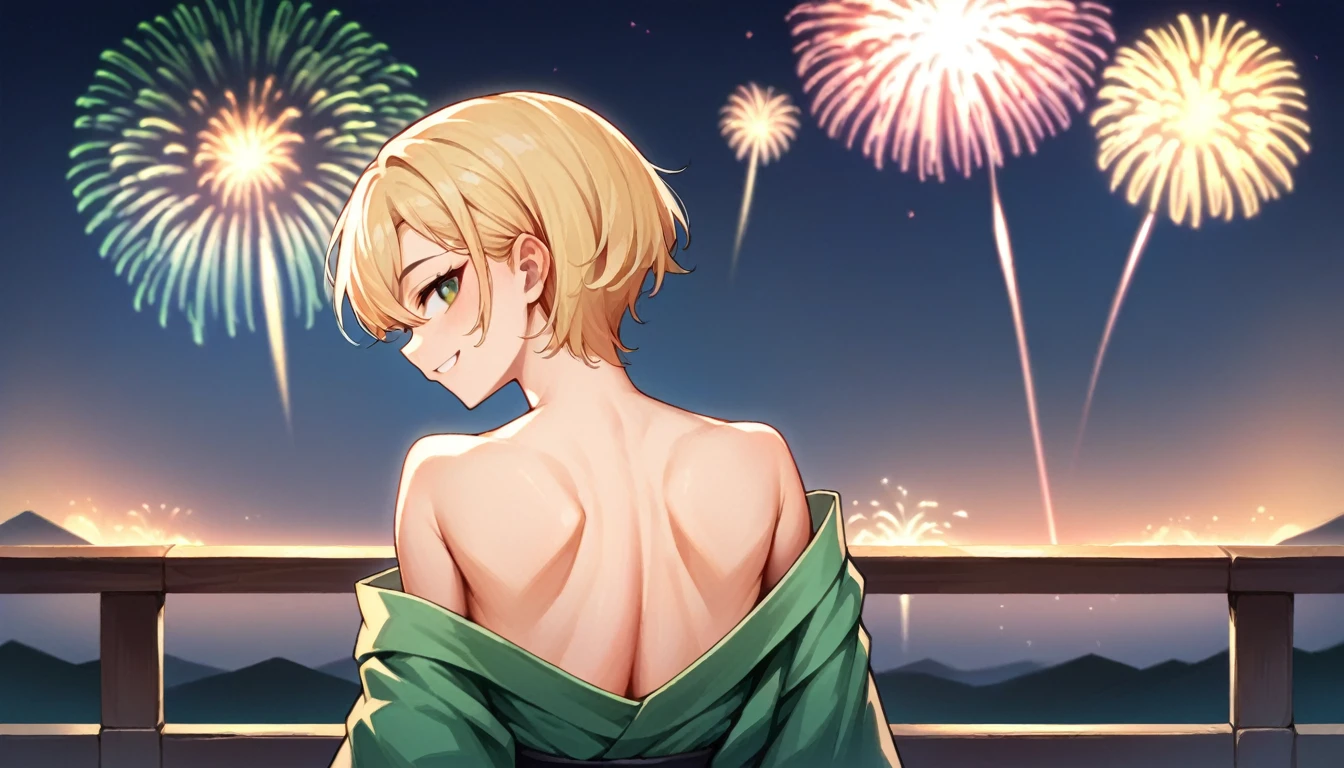 score_9, score_8_up, score_7_up, source_anime, from behind, solo, 1girl, odelschwanck, smile, looking back, green kimono, off shoulder, bare shoulders, backboob, Fireworks