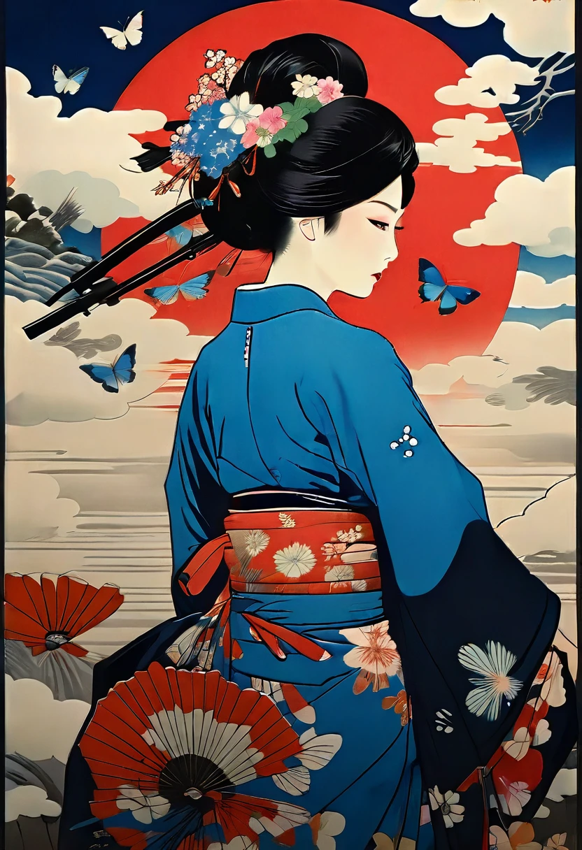 Black background. Distant view. A woman in a Meiji-era kimono stands staring in front of her with a gun at the ready. Around her, a flock of blue butterflies flit about like a storm. In the style and pose of the Japanese ukiyoe "Mukorogi Bijin".