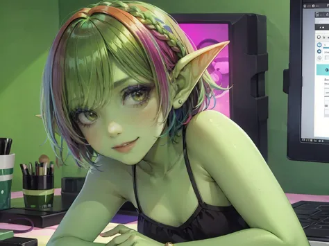 1 girl, short hair, green goblin girl, green skin, small pointy ears, (rainbow hair), wearing awesome clothes, smiling, makeup s...