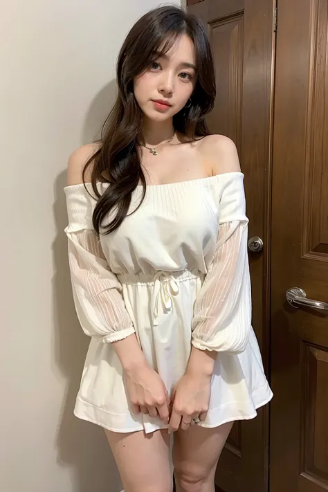 여자 1명, gold off-shoulder dress