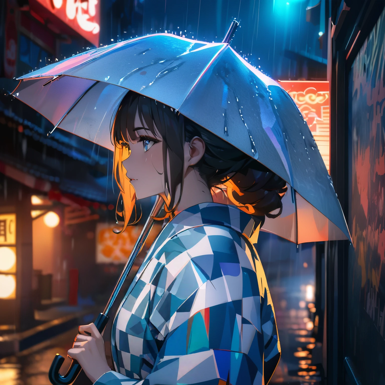 (best quality,8k,highres, masterpiece:1.2), (anime style),ultra-detailed, HDR, UHD, studio lighting, ultra-fine painting, sharp focus, physically-based rendering, extreme detail description, professional, vivid colors, bokeh, portraits, concept artists, warm color palette, dramatic lighting,rainy night,1 beautiful woman,(blue checkered pattern kimono),side view,walking japanese street,twinkled neon sign,Heavy rain, rain shining on neon signs,dark night,holding an umbrella,