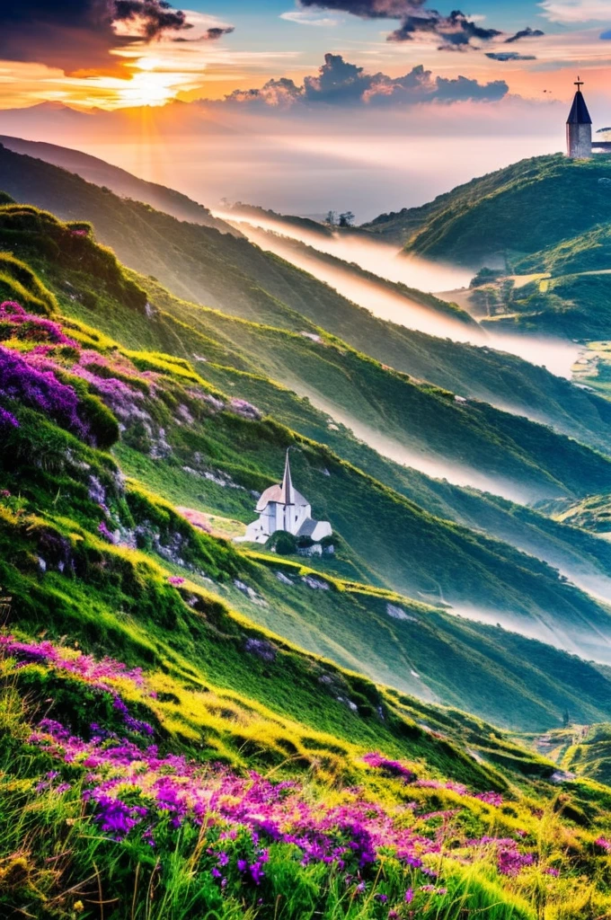 Medieval Catholic church on the mountain, View of the sea, surrounded by lush vegetation in a valley of flowers, rise sun, with rays of light, slightly misty day, Ultra -HD, 真实感, cinematic light, detailed back ground, swirly vibrant colors, conceptual artwork