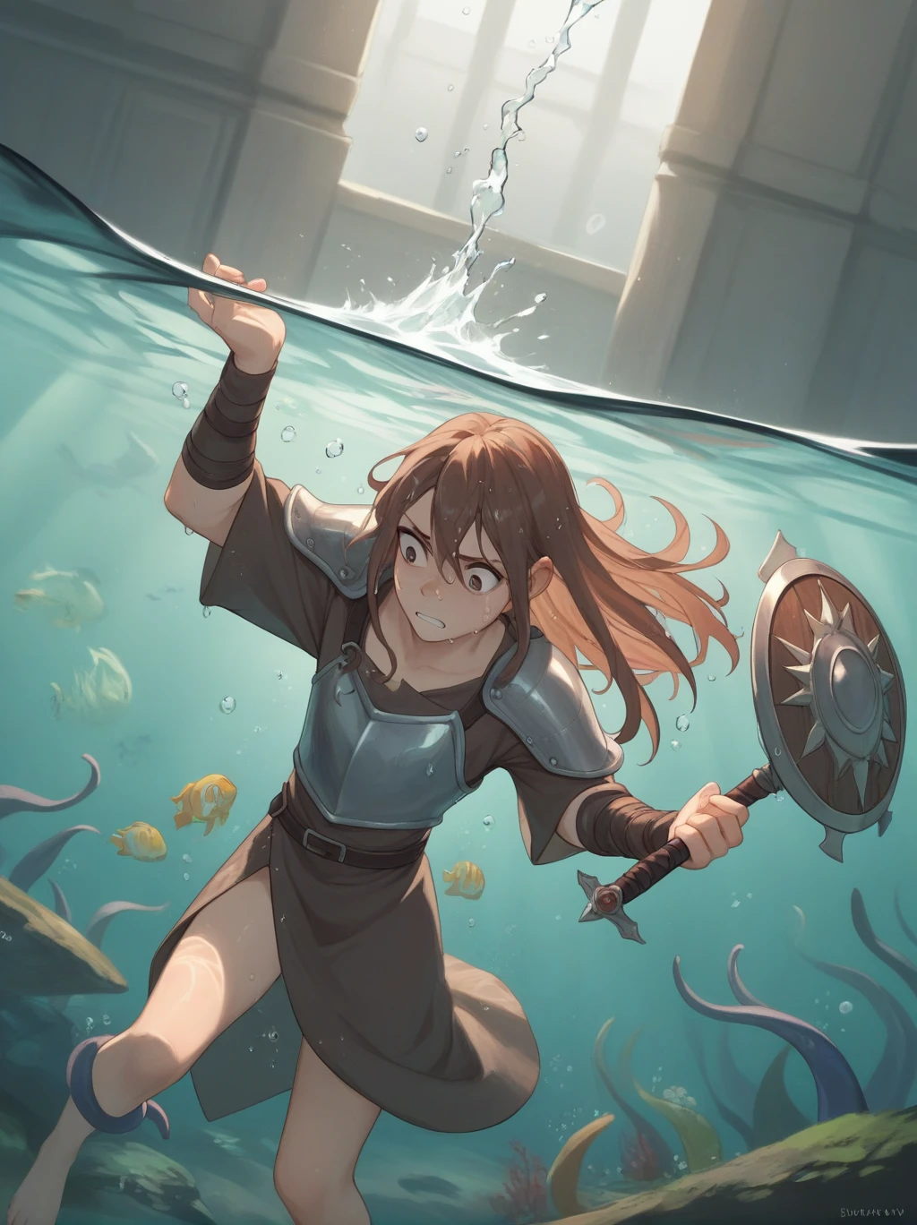 Partially underwater,最high quality,high quality, 4-year-old, , Long Hair, Brown Hair, Wet Hair, Flat Chest,Dark underground labyrinth,No light,Leather armor,Equipped with a dagger and a shield,Face above water,Body in water, Underwater Photography,The robe rolls up due to buoyancy,Painful face、My leg is pulled by tentacles、Being dragged into the water、Go wild