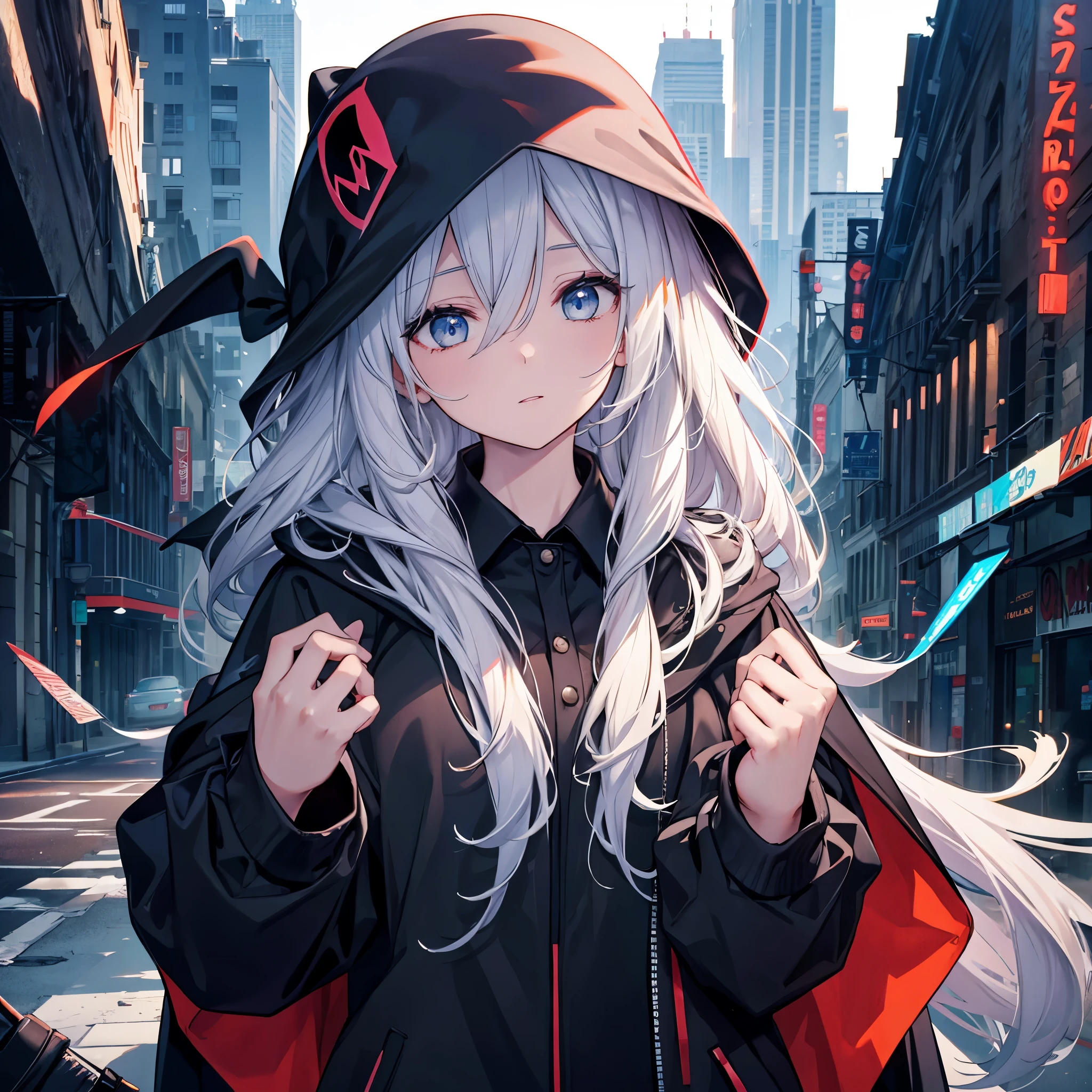 (((Grim Reaper&#39;s Scythe)))　(((Gray Hair　Short Hair　blue eyes　girl)))，((night　full moon　My own big wings))，(Wearing a hood　Black camisole　Purple light)，　A tense look　Shining Background　Shining Edge