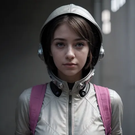 photo of a college student, purple pink, futuristic space suit, (freckle:0.8) cute face, science fiction, dystopia, delicate eye...