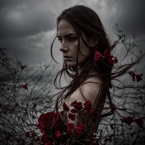 descend, red rose, beautiful woman, sad expression, faded elegance, moving atmosphere, lost beauty, melancholia, aura, hauntingl...