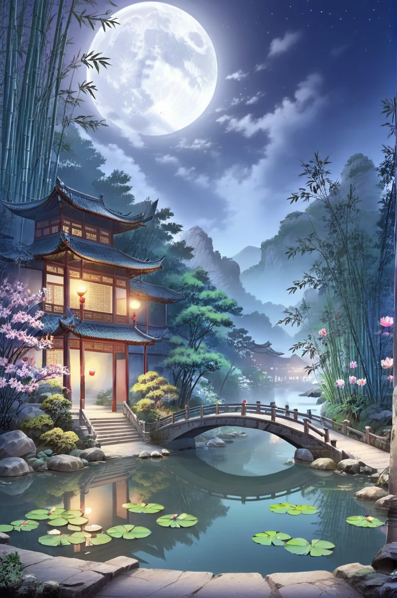 (Beautiful ancient Chinese architecture, Moonlight twinkle, Lake at night, The shade of the bamboo forest, Arch of the stone bridge, Gurgling Water, Stone pavement in rock garden, Blooming lotus, Hot Spring Water Vapor, Auspicious moonlight illustration: 1.0), A magnificent composition, Ultra-detailed and realistic, Highly realistic lighting, Best wallpaper quality, masterpiece. (Highly Detailed CG Unity 8K Wallpaper) . 