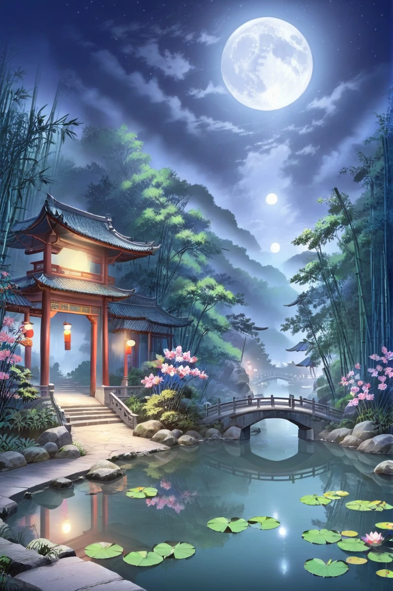 (Beautiful ancient Chinese architecture, Moonlight twinkle, Lake at night, The shade of the bamboo forest, Arch of the stone bridge, Gurgling Water, Stone pavement in rock garden, Blooming lotus, Hot Spring Water Vapor, Auspicious moonlight illustration: 1.0), A magnificent composition, Ultra-detailed and realistic, Highly realistic lighting, Best wallpaper quality, masterpiece. (Highly Detailed CG Unity 8K Wallpaper) . 