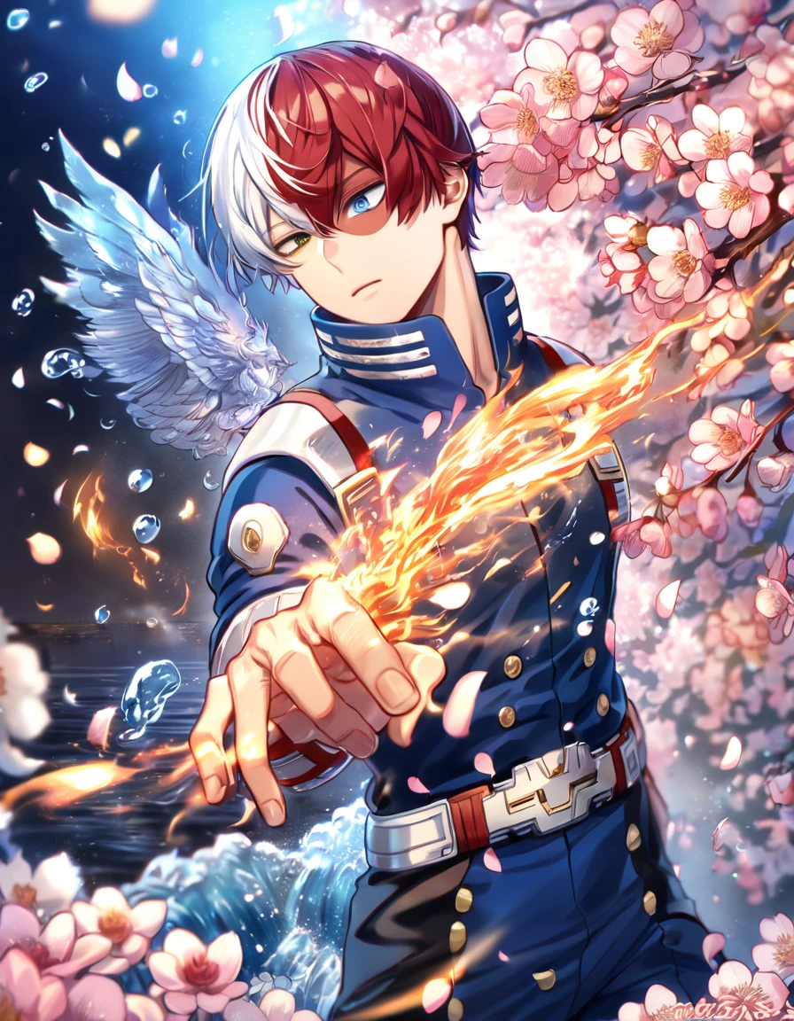 Extrem detailliert, highres, absurdesten, HDR, Meisterwerk, Todoroki Shouto, zweifarbiges Haar, rechte Seite ist weiß, linke Seite ist rot, Heterochromie, rechtes Auge ist grau, Das linke Auge ist blau, Boku no hero academia, Fantasie, Rosa Blütenblätter, Wasser, pinke Blumen, Gutaussehend, sexy Mann, Allein, beste Qualität, Blüten, blau leuchtende Glühwürmchen, blaue Kleidung, Eis und Feuer, magisch, 