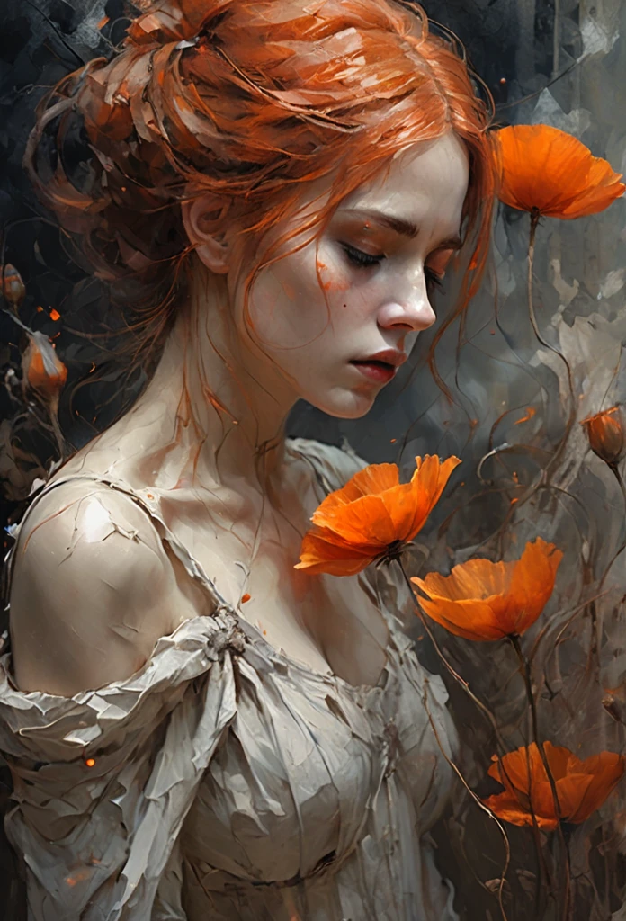 Derecha ,coquelicot, beautiful woman, sorrowful expression, faded elegance, poignant atmosphere, lost beauty, melancholic aura, hauntingly captivating, timeless grief, stark contrast, delicate decay,line art,backlighting,wind,backlighting,stardust,(wind:1.2),knight,orange blood, fire y mariposas 