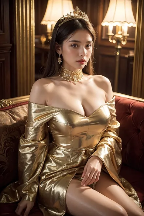 a beautiful woman wearing a gold off-shoulder dress, a queen headdress adorned with crystals or gems, high heels, hourglass body...