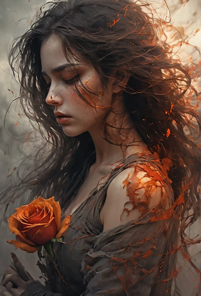 Derecha, rosas rojas, fuego, beautiful woman, sorrowful expression, faded elegance, poignant atmosphere, lost beauty, melancholic aura, hauntingly captivating, timeless grief, stark contrast, delicate decay,line art,backlighting,wind,backlighting,stardust,(wind:1.2),knight,orange blood, vendavales 