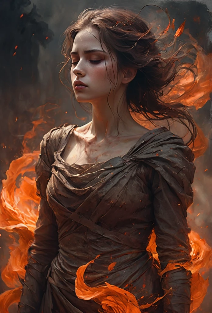 Derecha, rosas rojas, fuego, beautiful woman, sorrowful expression, faded elegance, poignant atmosphere, lost beauty, melancholic aura, hauntingly captivating, timeless grief, stark contrast, delicate decay,line art,backlighting,wind,backlighting,stardust,(wind:1.2),knight,orange blood, vendavales 